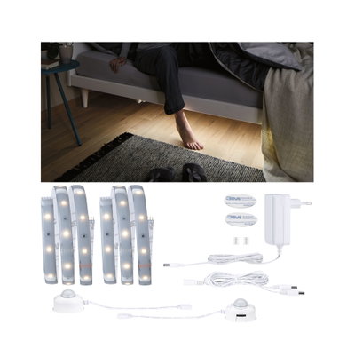 LED-Unterbettbeleuchtung mit Bewegungsmelder und Netzteil, warmweißes Licht für Schlafzimmer und Flur.
