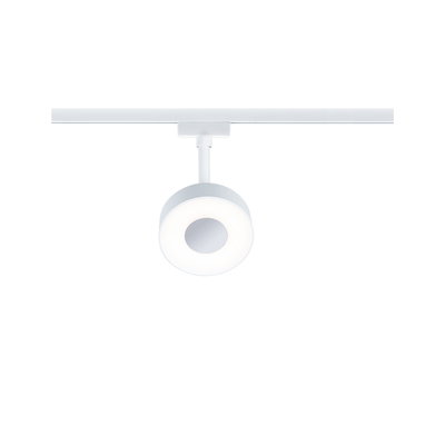 Runder weißer LED-Spot an Schienensystem mit modernem Design für flexible Raumbeleuchtung