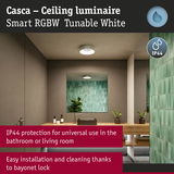 Casca white ceiling luminaire with IP44 protection for bathroom and living room, easy to install and clean