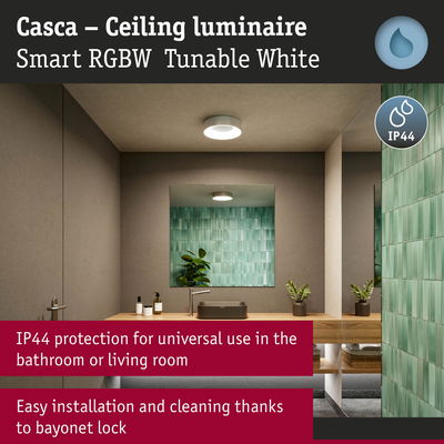 Casca white ceiling luminaire with IP44 protection for bathroom and living room, easy to install and clean