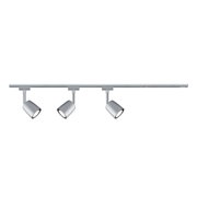 Three silver metal LED spotlights on rail for modern indoor lighting solutions