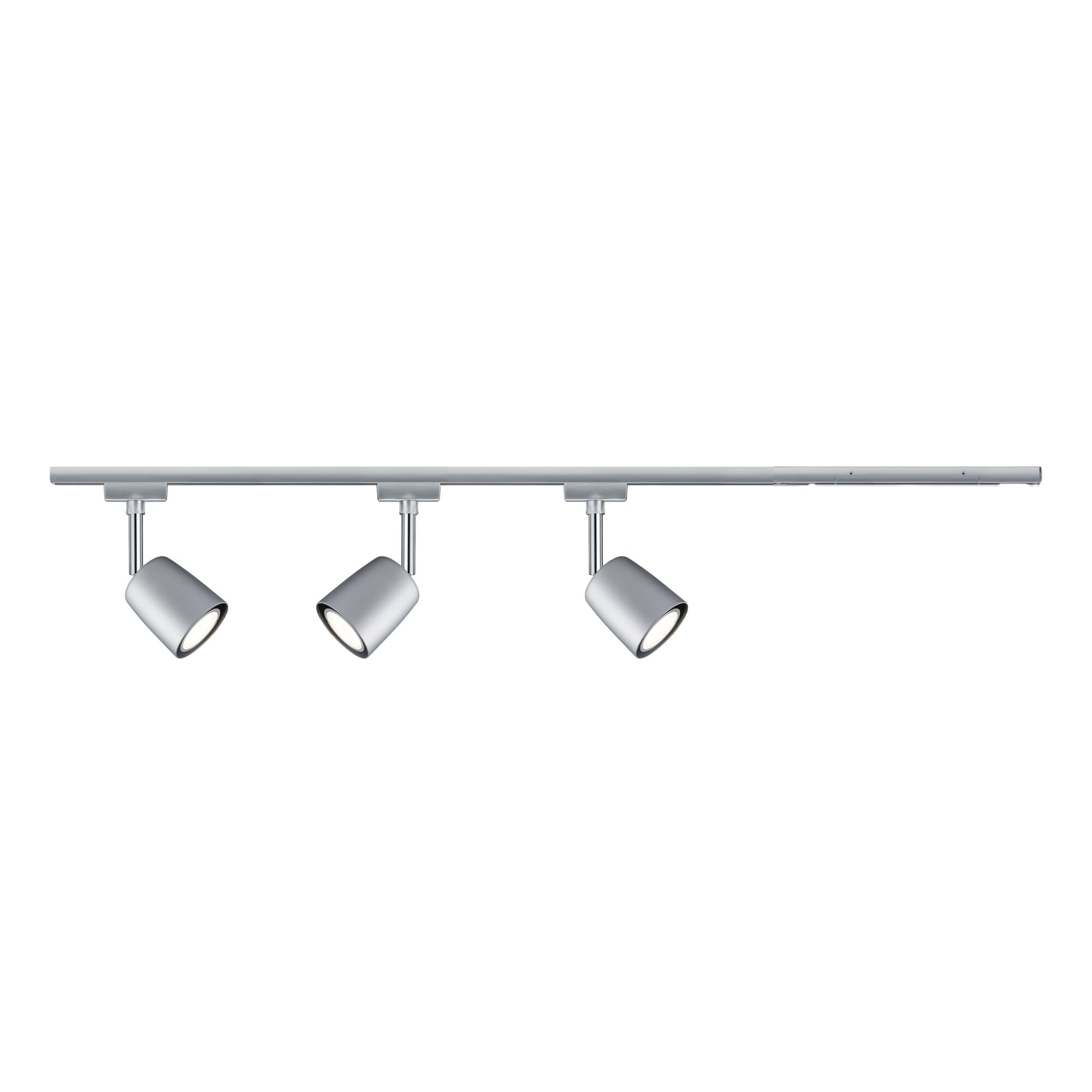 Trois spots LED métalliques argentés sur rail pour éclairage intérieur moderne