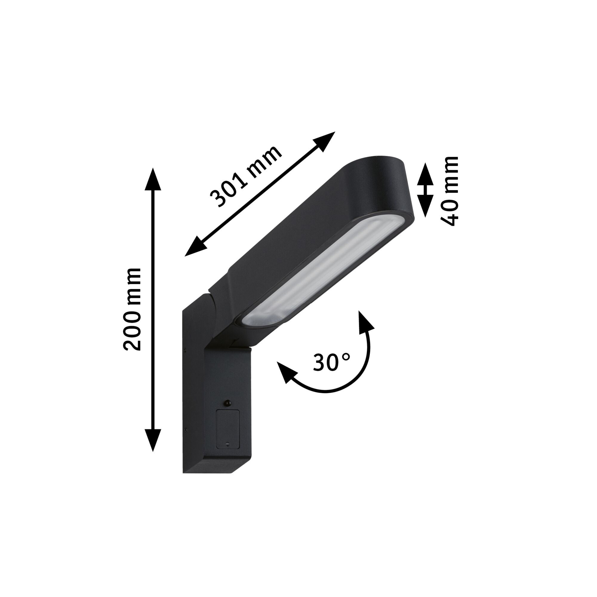 Black metal LED wall light 301 mm long with 30° tilt angle for modern outdoor lighting solutions