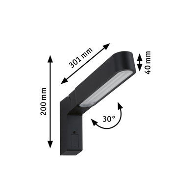 Black metal LED wall light 301 mm long with 30° tilt angle for modern outdoor lighting solutions