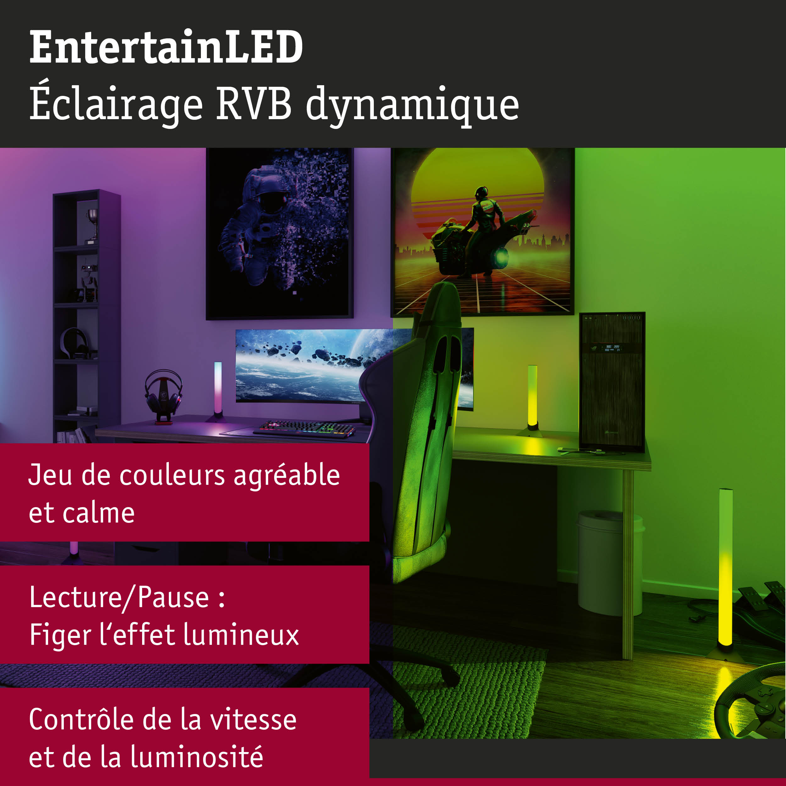 Installation de jeu moderne avec éclairage LED RVB dynamique en vert et violet pour ambiance lumineuse