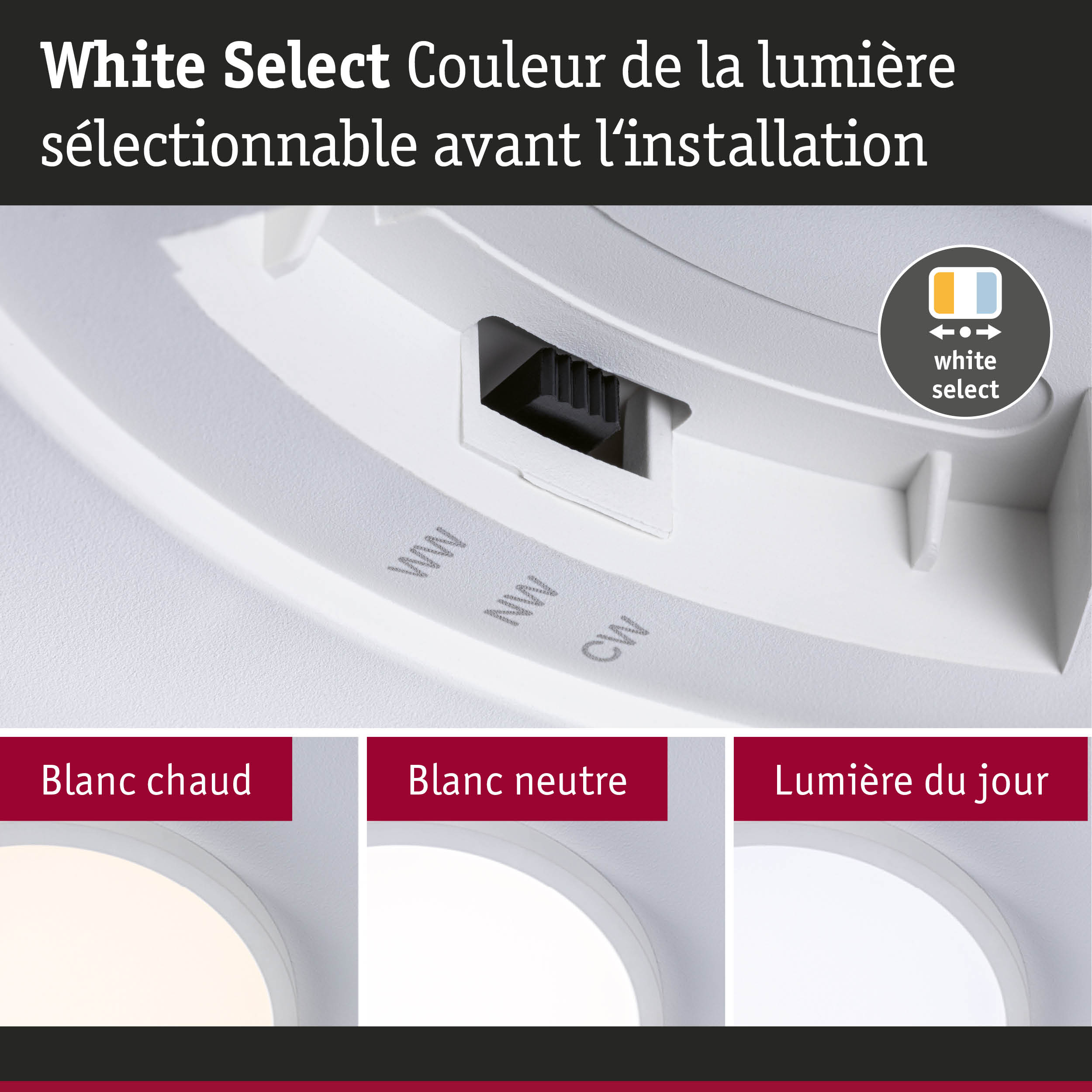 Boîtier blanc en plastique avec sélecteur de température de couleur LED ajustable avant installation