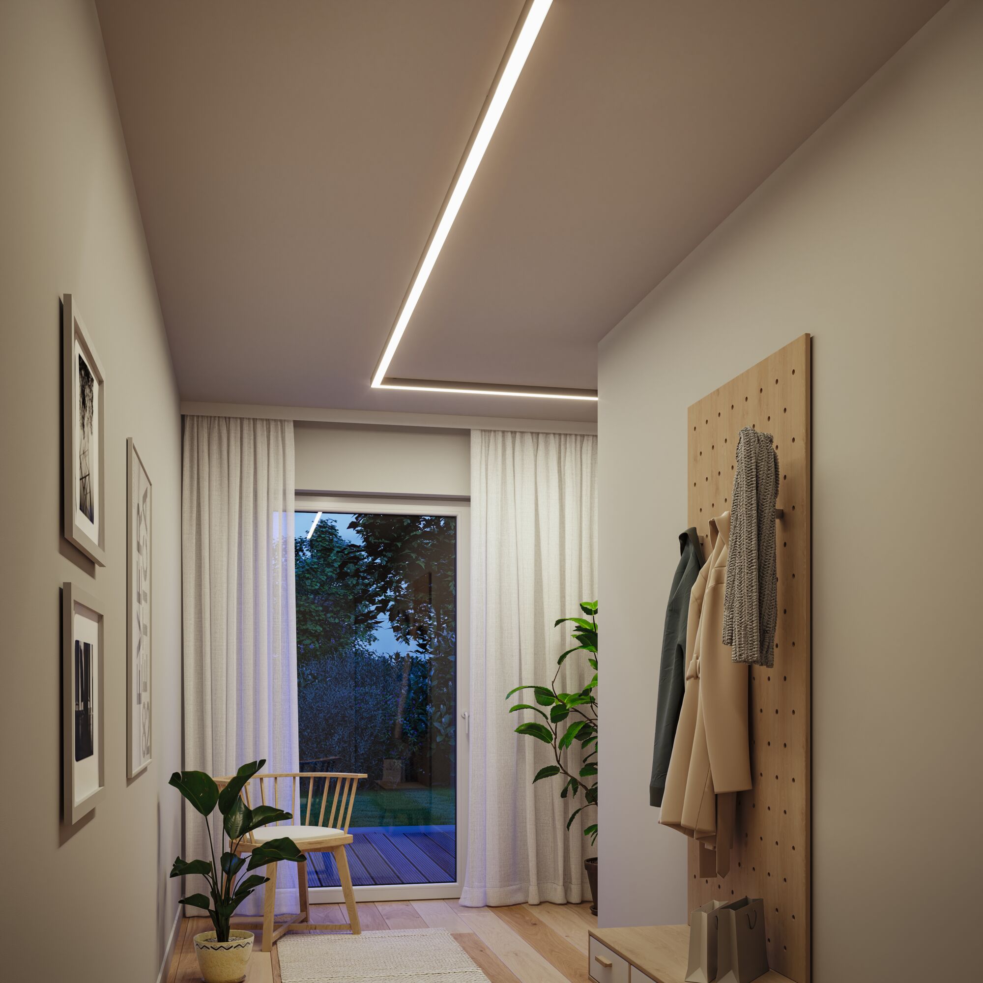 Moderne woonkamer met warmwit L-vormige LED-plafondlamp en natuurlijk houten meubels