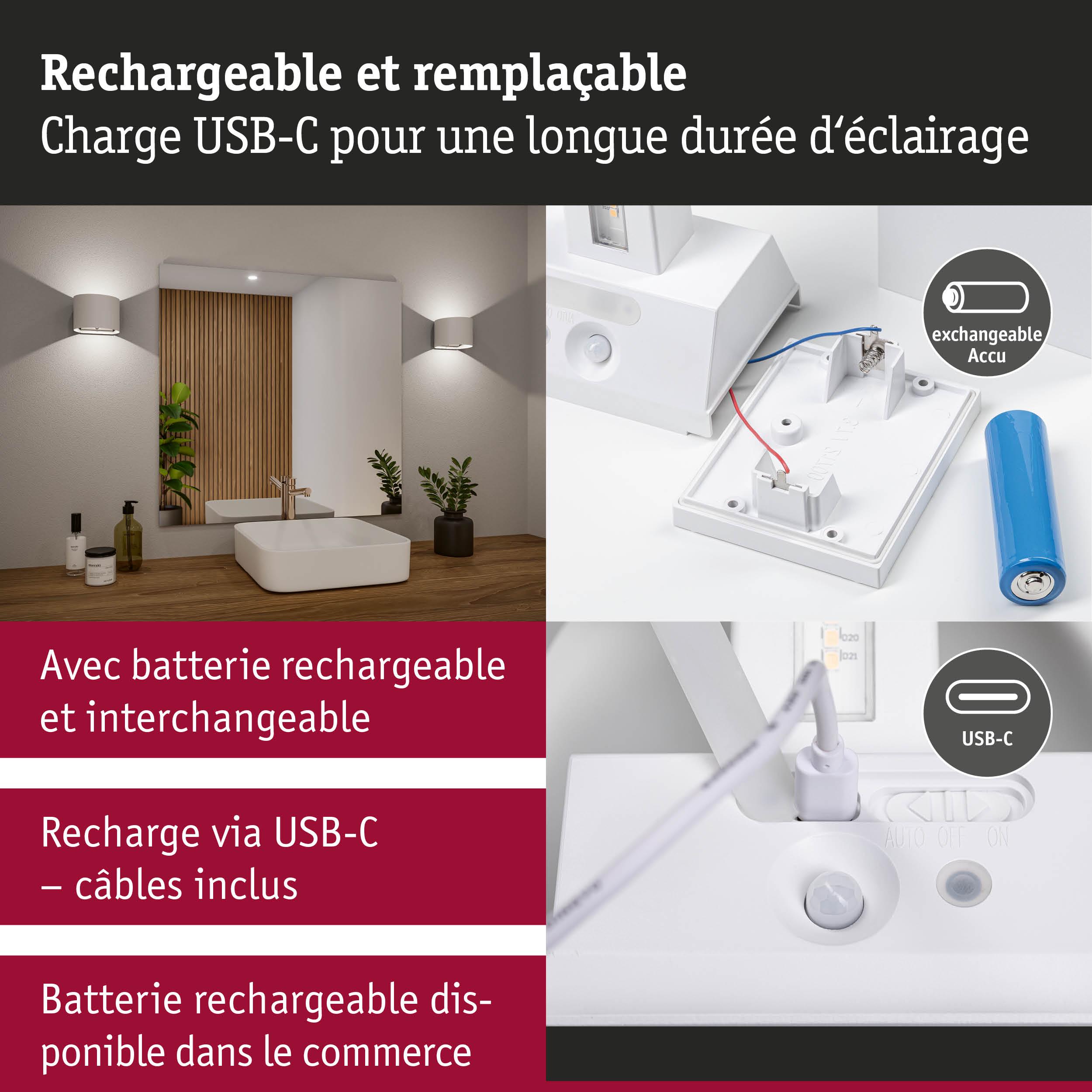 Applique murale LED blanche rechargeable avec charge USB-C et batterie remplaçable pour un éclairage durable
