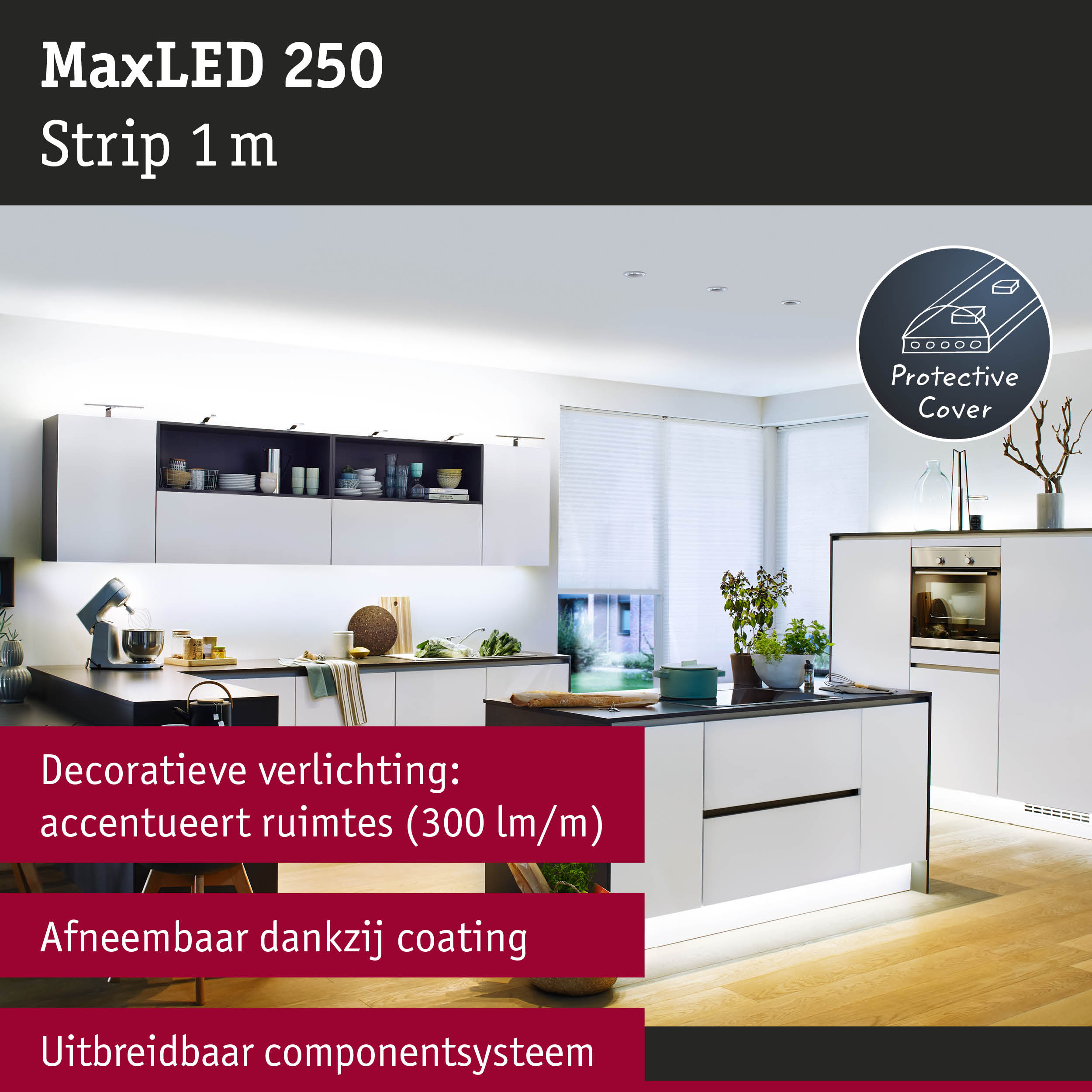 Moderne witte keuken met MaxLED 250 LED-stripverlichting en beschermhoes voor decoratief gebruik