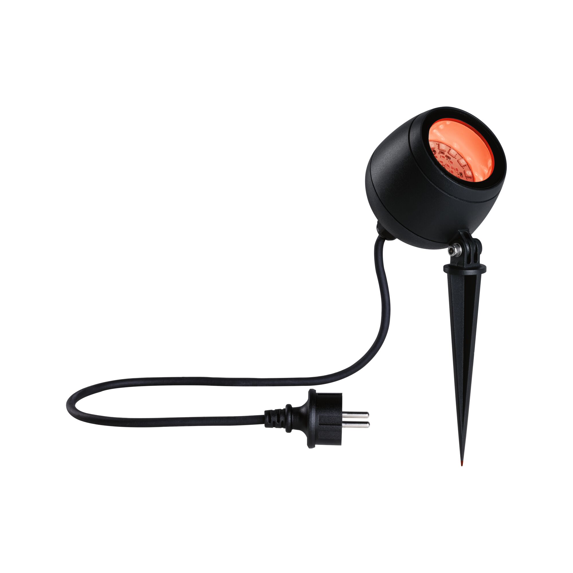 Zwarte LED-tuinschijnwerper met grondpin en rood licht, geschikt voor buitenverlichting en tuinaccenten