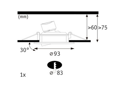 Technische Zeichnung eines Einbaustrahler mit 93 mm Durchmesser und 30° Neigung, Maße in mm.