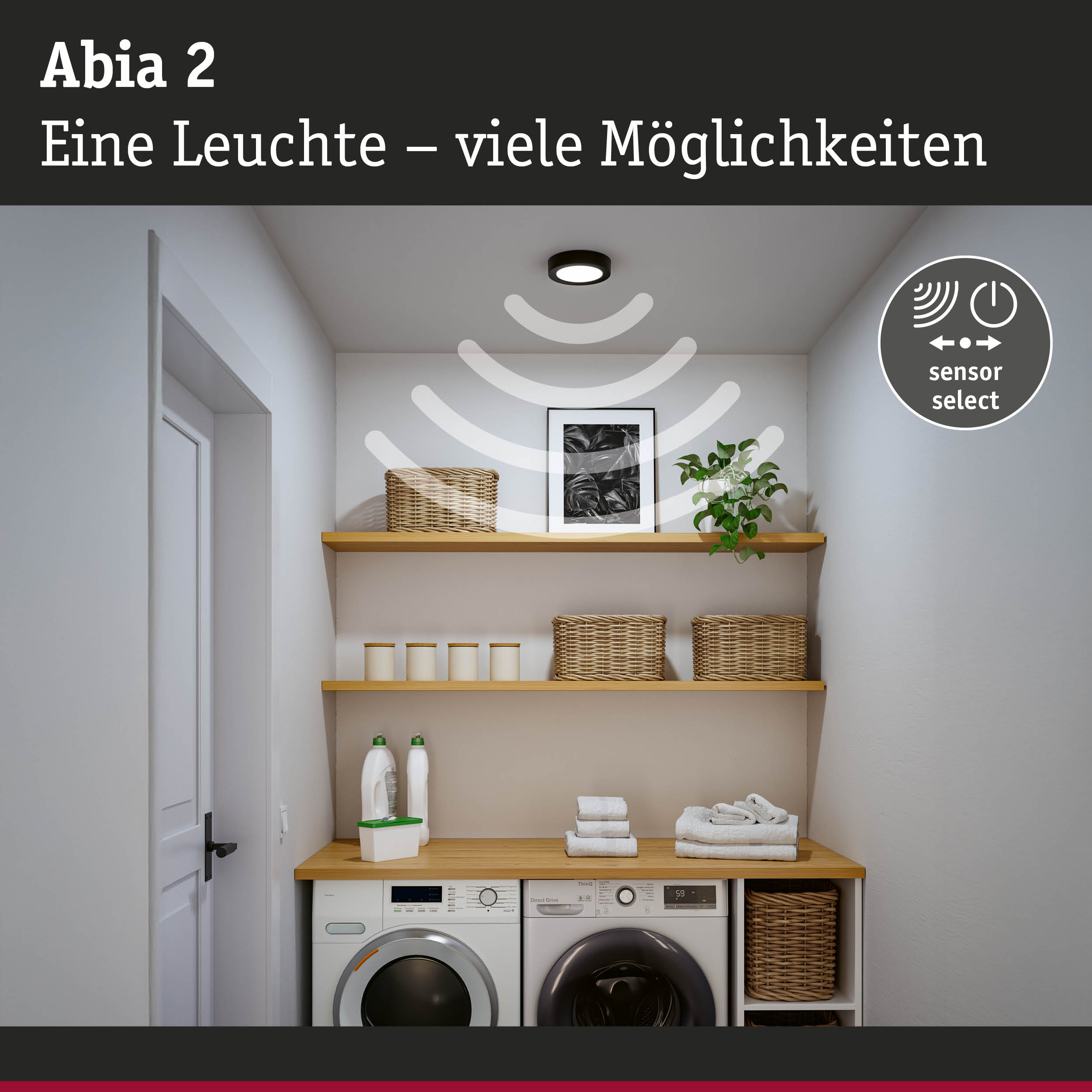 Abia 2 Deckenleuchte in Schwarz mit Sensorfunktion über Waschmaschine und Regalen im Hauswirtschaftsraum