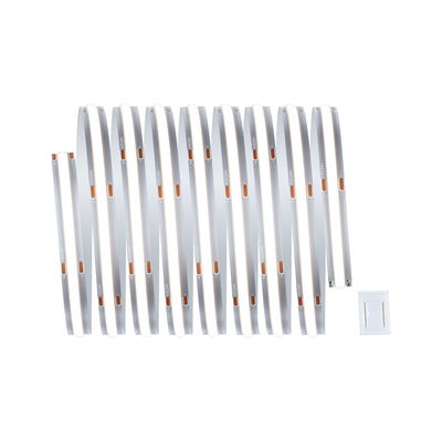 Flexible white LED strip with transparent connector for modern lighting applications.