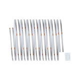 Flexible white LED strip with transparent connector for modern lighting applications.