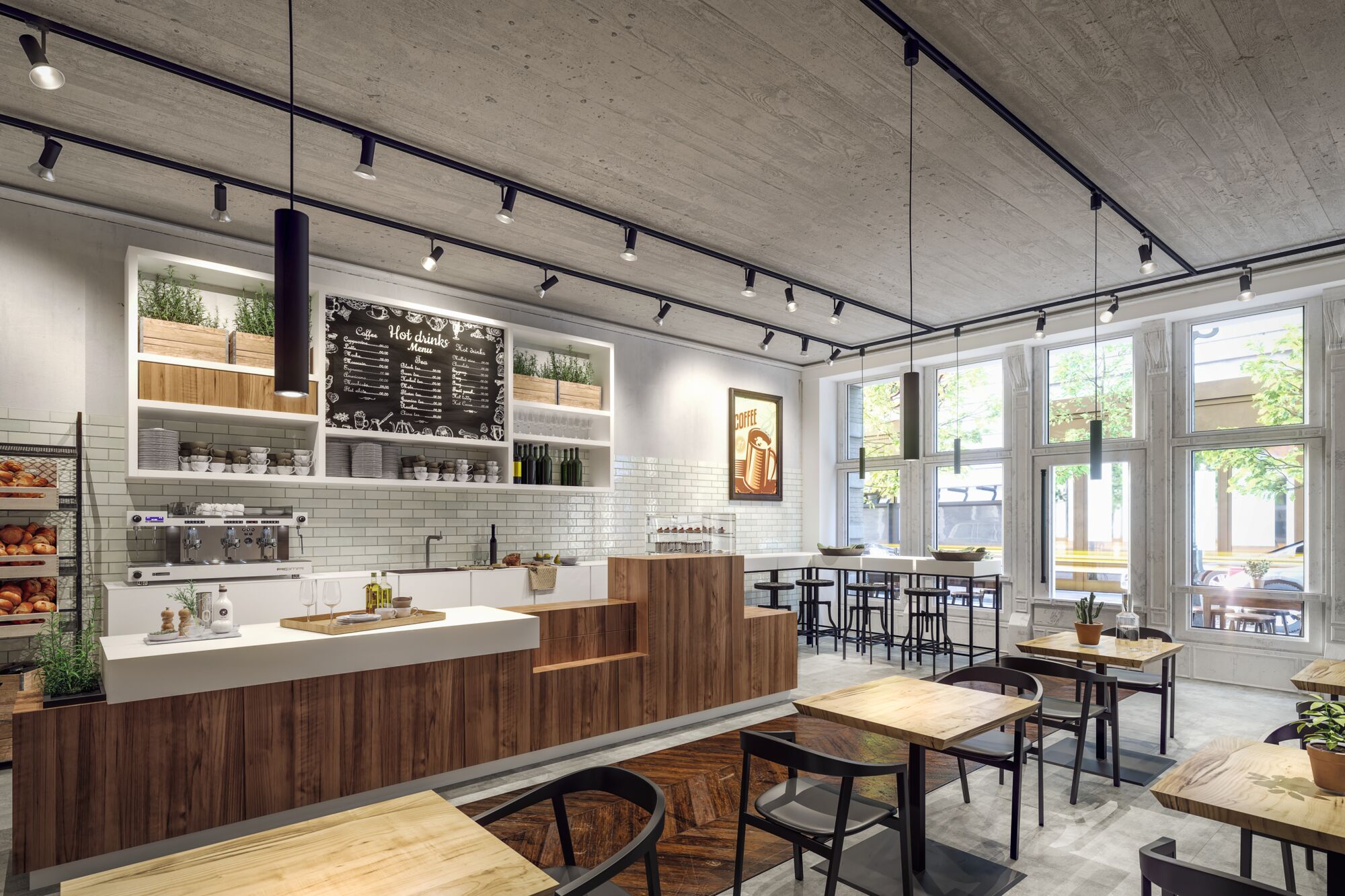 Modernes Café mit Holztheke, weißen Fliesen und schwarzen Pendelleuchten an Betondecke