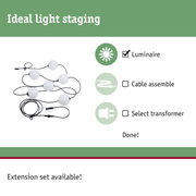 White globe string lights with black cable for decorative lighting and ideal light staging