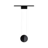 Black round LED pendant light made of metal with minimalist design and dimmable feature