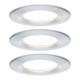 Three round LED recessed lights in brushed silver aluminum for modern home lighting solutions.