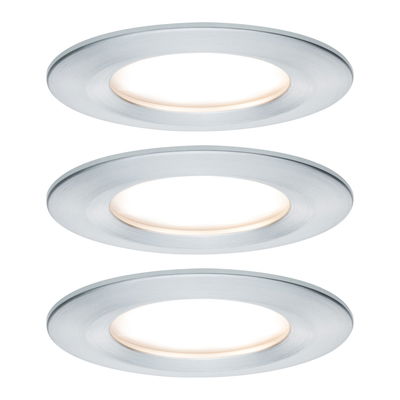 Three round LED recessed lights in brushed silver aluminum for modern home lighting solutions.