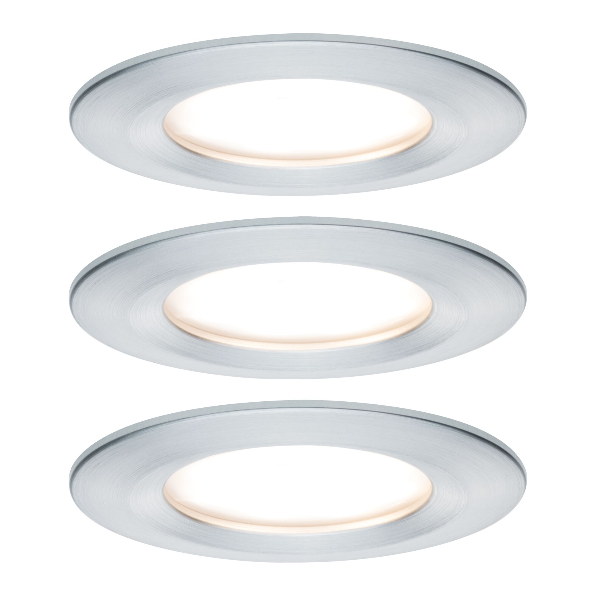 Drei runde LED-Einbaustrahler aus gebürstetem Aluminium in Silber für moderne Wohnraumbeleuchtung.