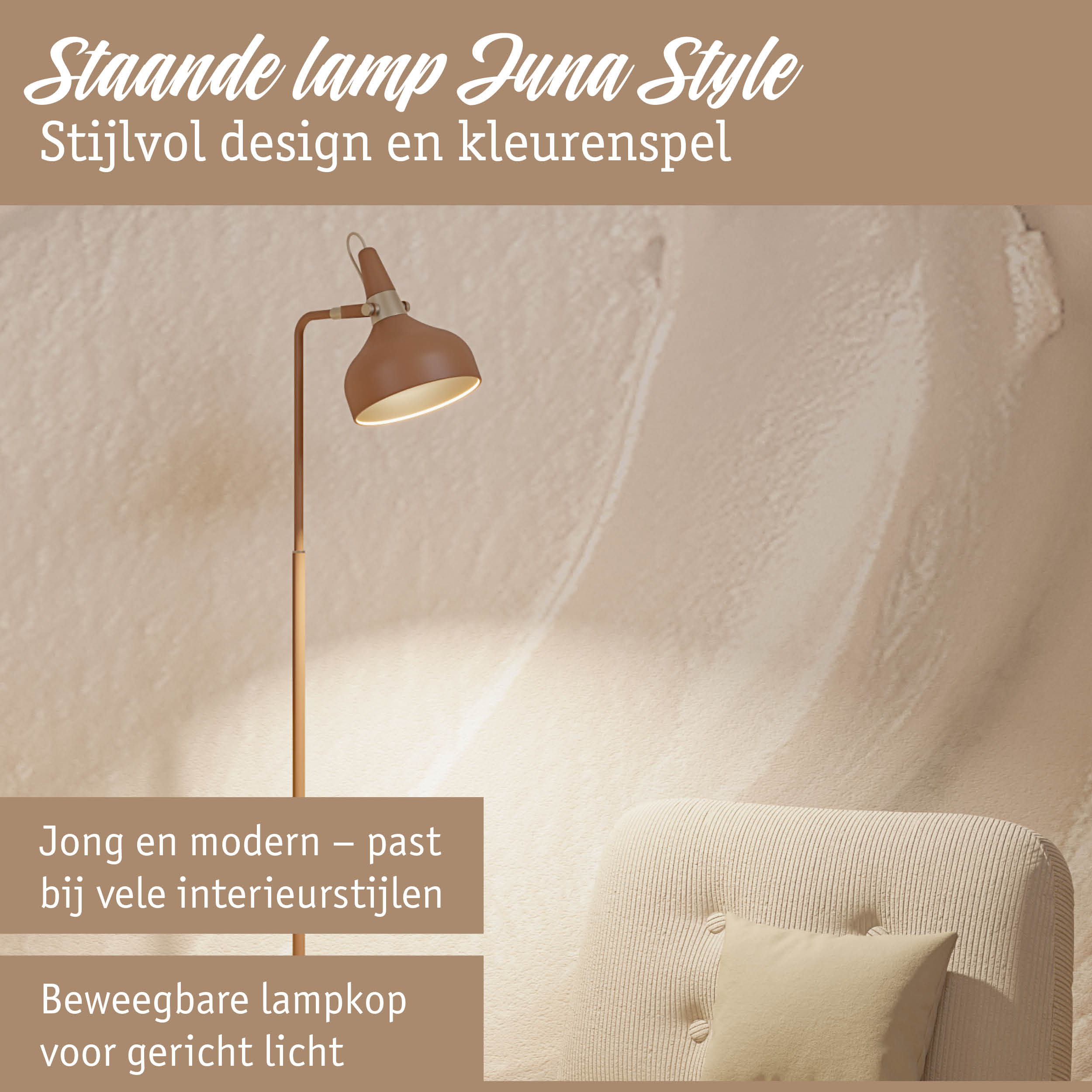 Staande bruine lamp met verstelbare kap voor gericht licht in de woonkamer