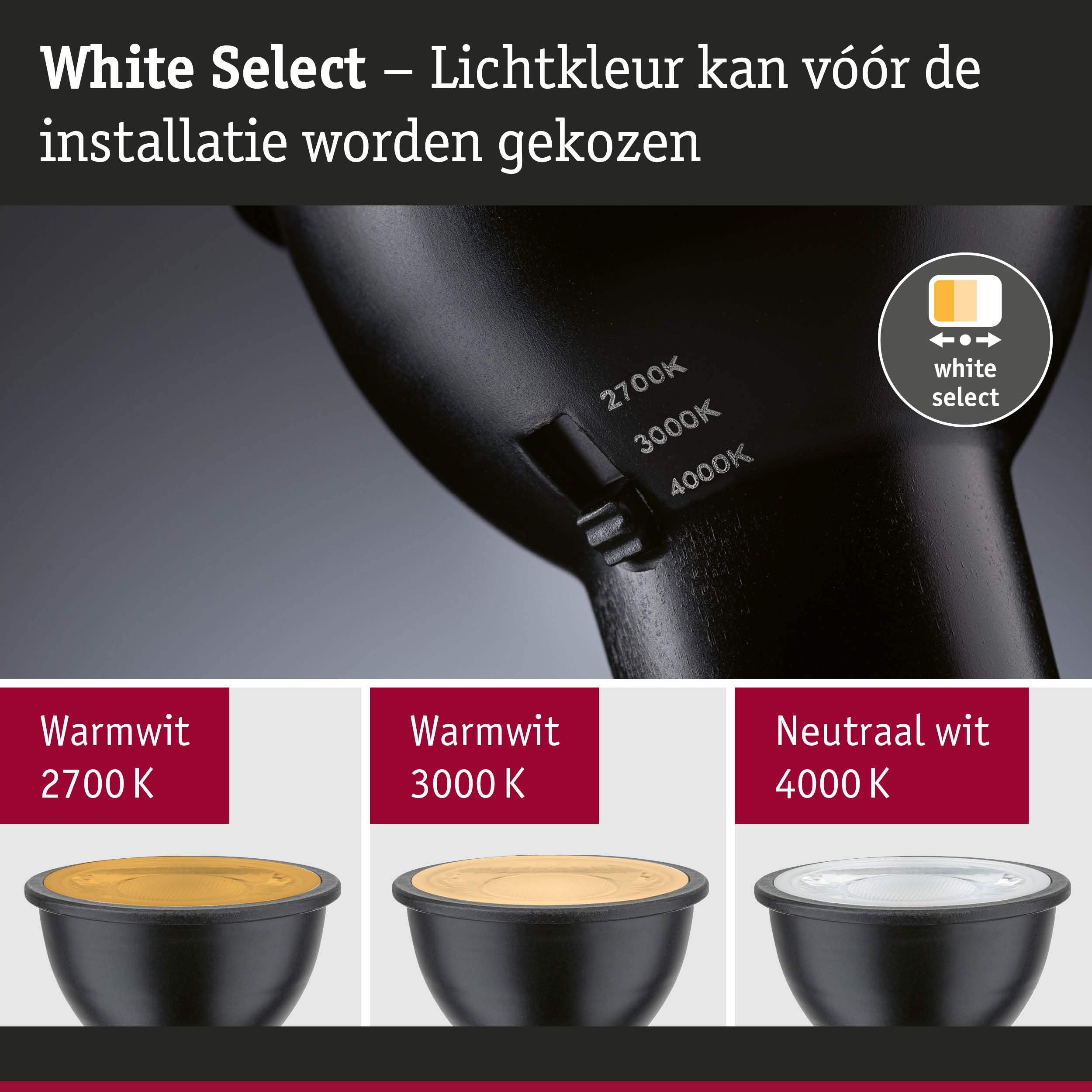 Zwarte LED-lamp met instelbare lichtkleur van 2700K tot 4000K voor warmwit en neutraal wit licht