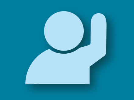 Blaues Symbol einer Person mit erhobener Hand auf türkisem Hintergrund, Icon für Verantwortung