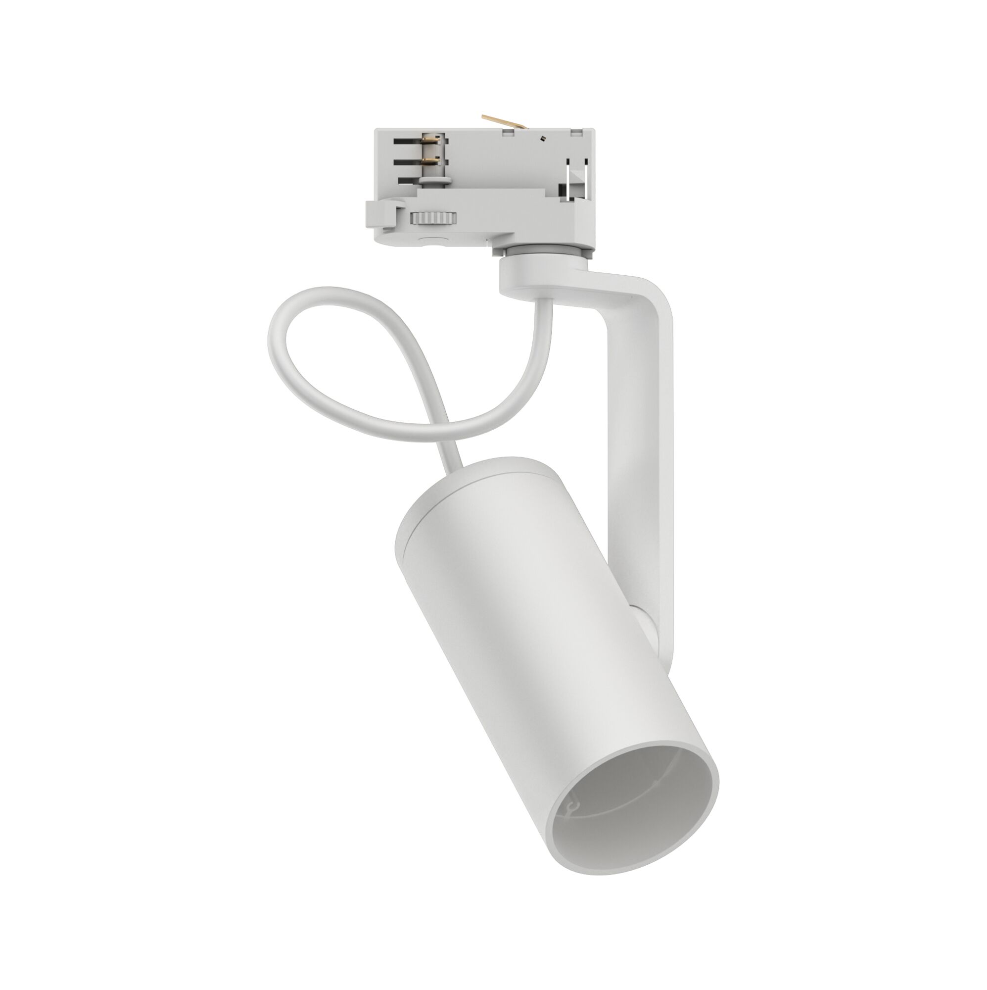 Weißer LED-Spot aus Metall mit flexiblem Kabel und Schienenadapter für moderne Beleuchtungssysteme