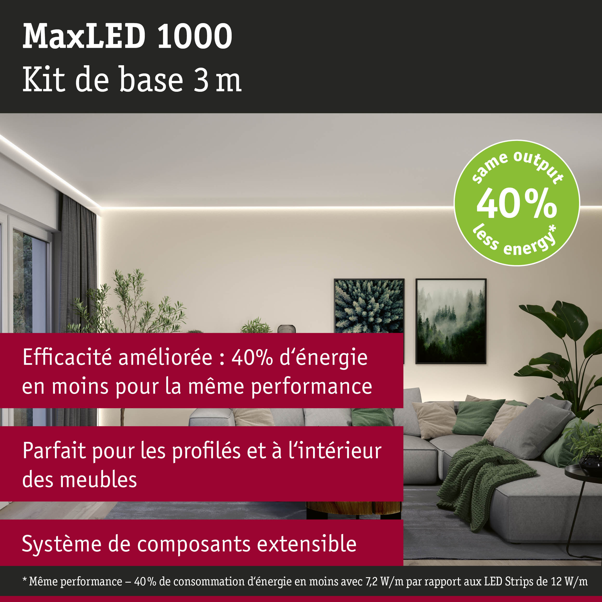 MaxLED 1000 kit LED 3 m avec 40% d'énergie en moins pour éclairage intérieur efficace