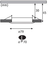 Technische Zeichnung eines Einbauleuchtensystems mit 79 mm Durchmesser und 45 mm Einbautiefe