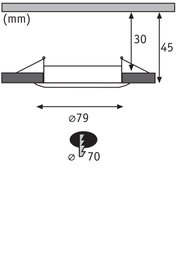Technische Zeichnung eines Einbauleuchtensystems mit 79 mm Durchmesser und 45 mm Einbautiefe