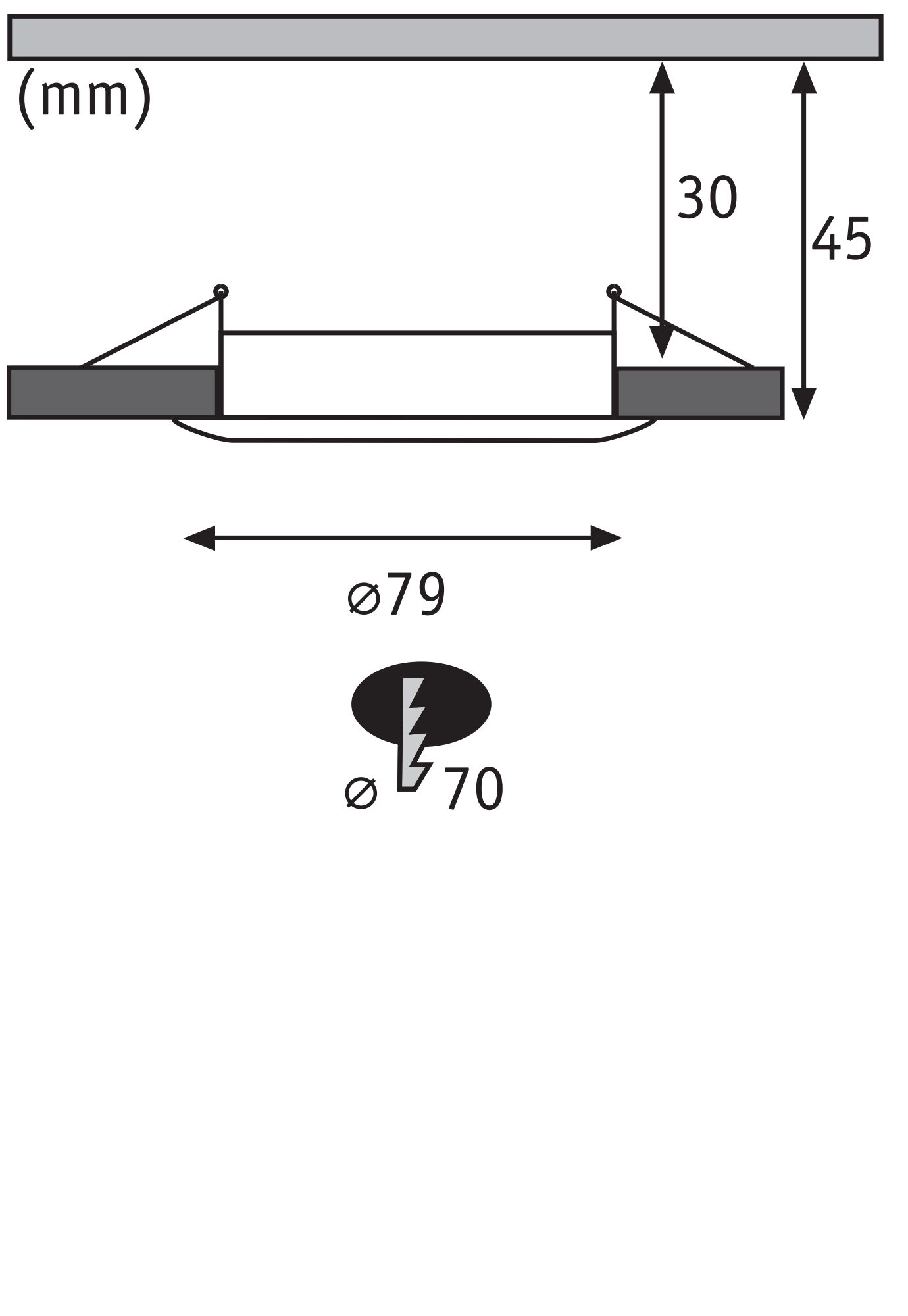 Technische Zeichnung eines Einbauleuchtensystems mit 79 mm Durchmesser und 45 mm Einbautiefe
