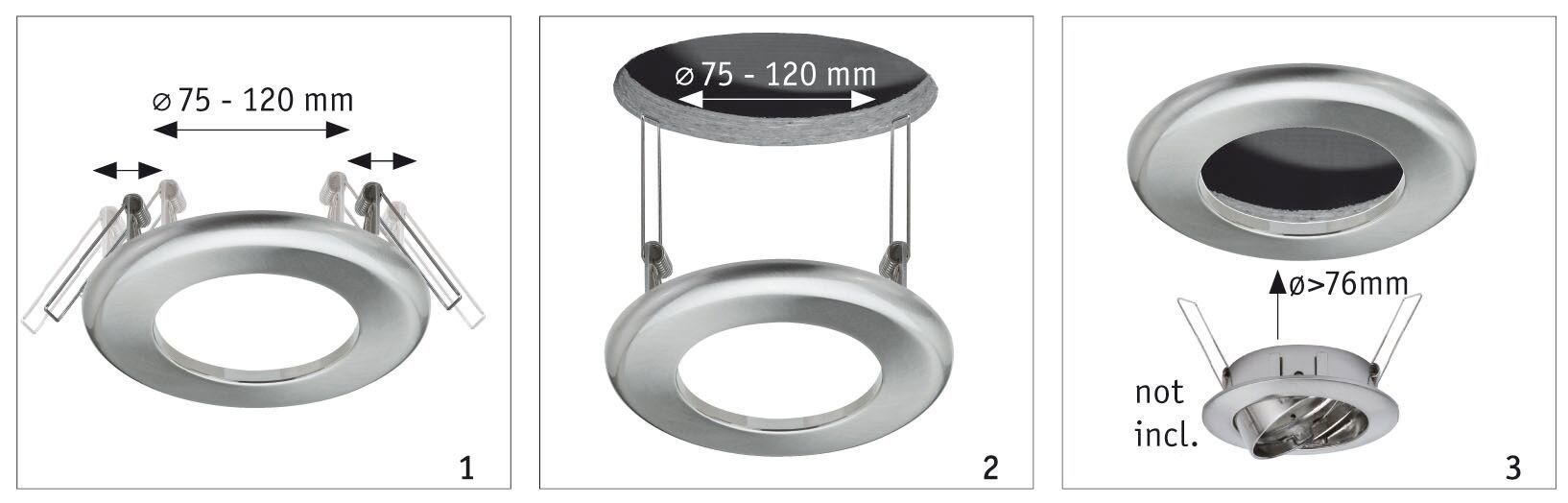 Drie roestvrijstalen inbouwframes met veerklemmen voor lampen Ø 75-120 mm, montagehandleiding.