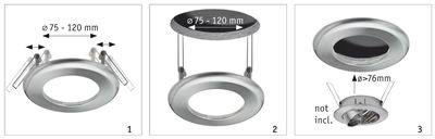 Three stainless steel recessed frames with spring clips for lamps Ø 75-120 mm, installation guide.
