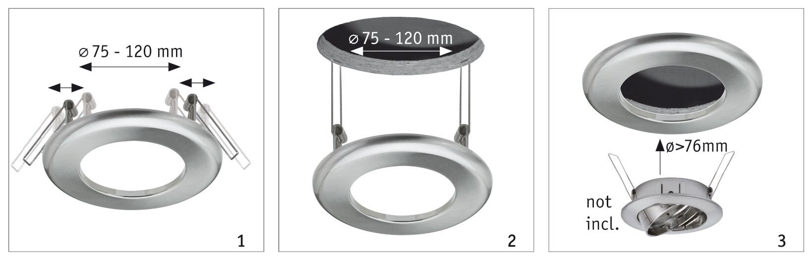 Three stainless steel recessed frames with spring clips for lamps Ø 75-120 mm, installation guide.