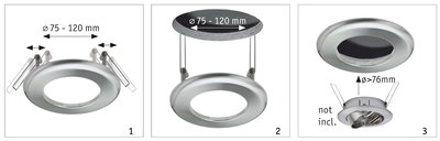 Three stainless steel recessed frames with spring clips for lamps Ø 75-120 mm, installation guide.