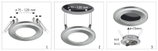 Three stainless steel recessed frames with spring clips for lamps Ø 75-120 mm, installation guide.
