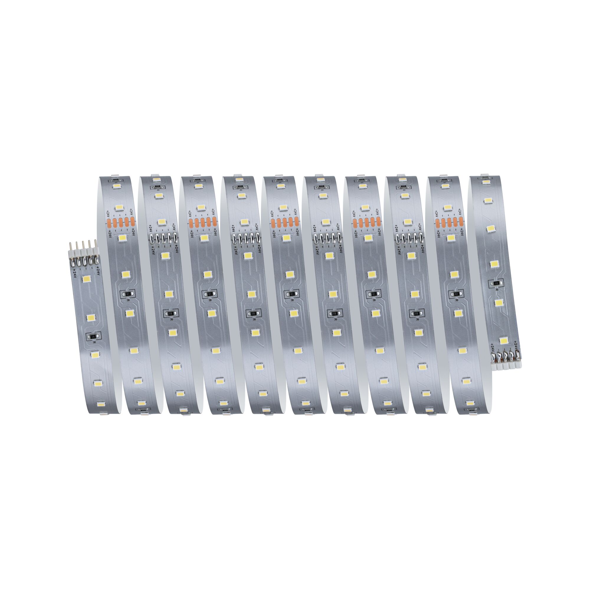 Flexible silver LED strip with white diodes for modern indoor lighting accents and decoration