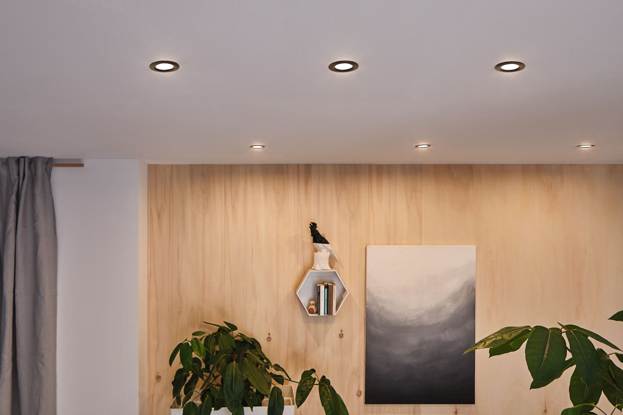 Six spots encastrés ronds à lumière blanc chaud dans un plafond blanc au-dessus d’un mur en bois avec plantes.