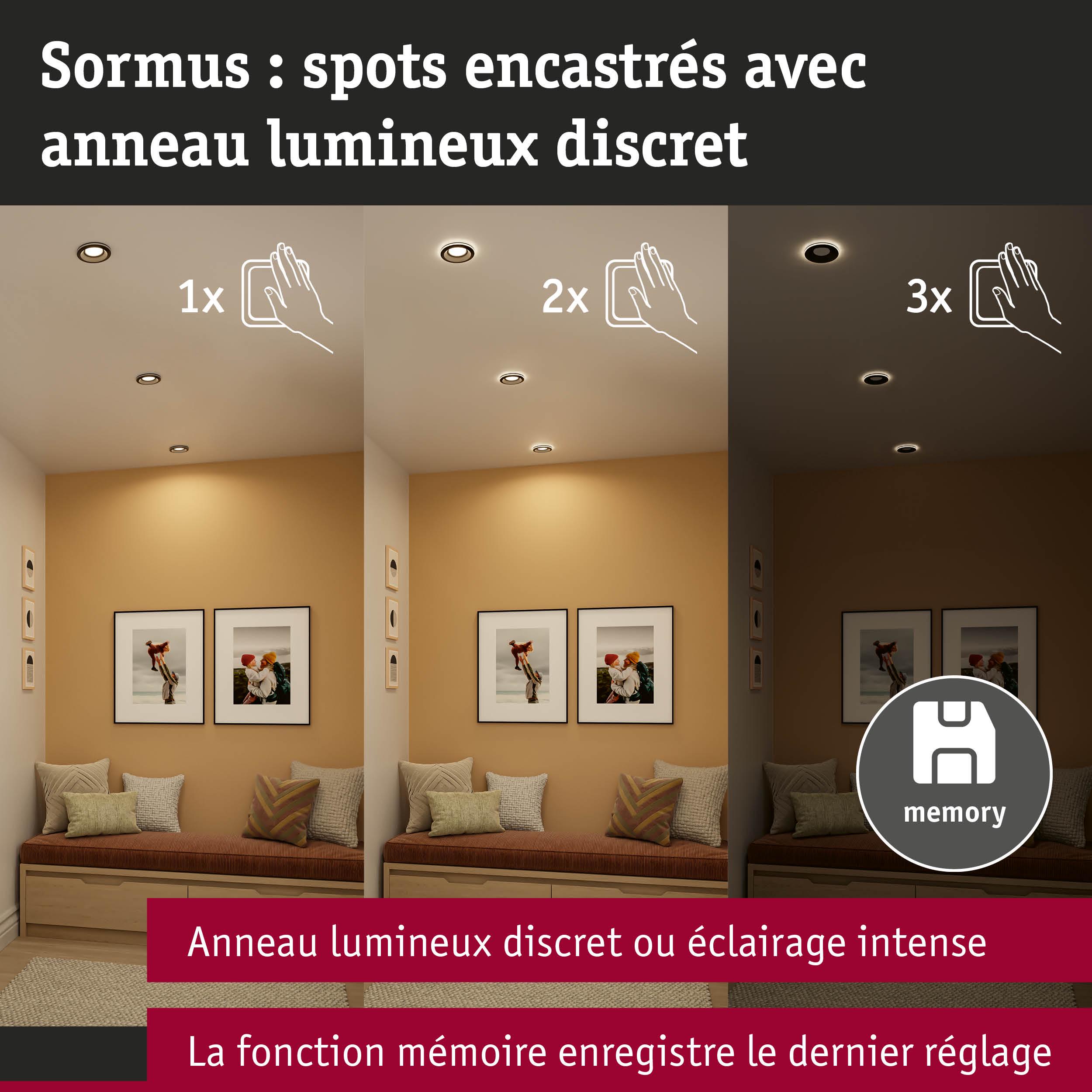 Trois images des spots encastrés Sormus avec anneau lumineux discret ou éclairage intense et fonction mémoire