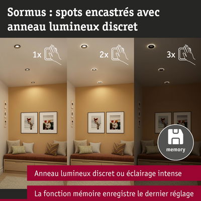 Trois images des spots encastrés Sormus avec anneau lumineux discret ou éclairage intense et fonction mémoire