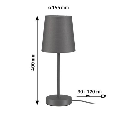 Grå bordlampe i metal med stofskærm, 40 cm høj, 15,5 cm diameter, 150 cm ledning