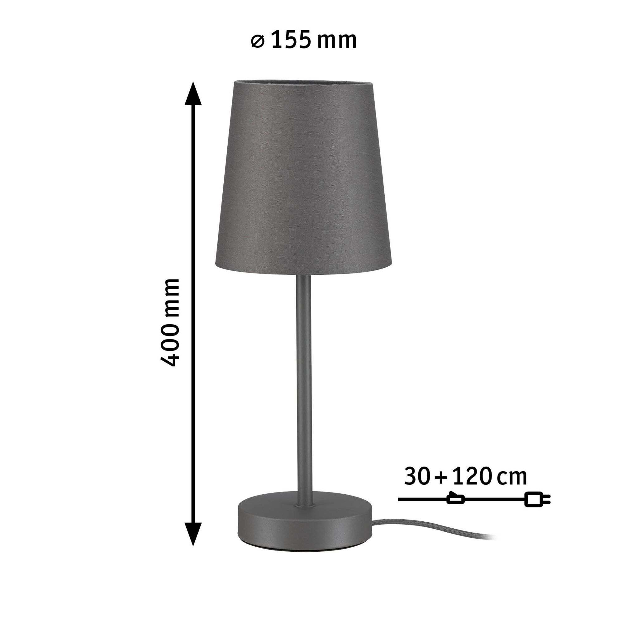 Grey metal table lamp with fabric shade, 40 cm height, 15.5 cm diameter, 150 cm cable length