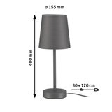 Grey metal table lamp with fabric shade, 40 cm height, 15.5 cm diameter, 150 cm cable length
