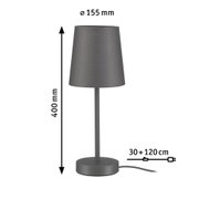 Grey metal table lamp with fabric shade, 40 cm height, 15.5 cm diameter, 150 cm cable length