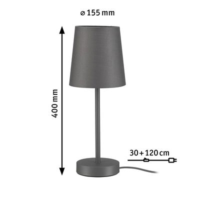 Grijze metalen tafellamp met stoffen kap, 40 cm hoog, 15,5 cm diameter, 150 cm snoer
