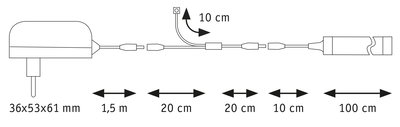 Technical drawing of a power adapter with cables measuring 36x53x61 mm and cable lengths up to 1.5 m