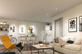 Modern living room with white walls, yellow chair, and multiple recessed ceiling lights.