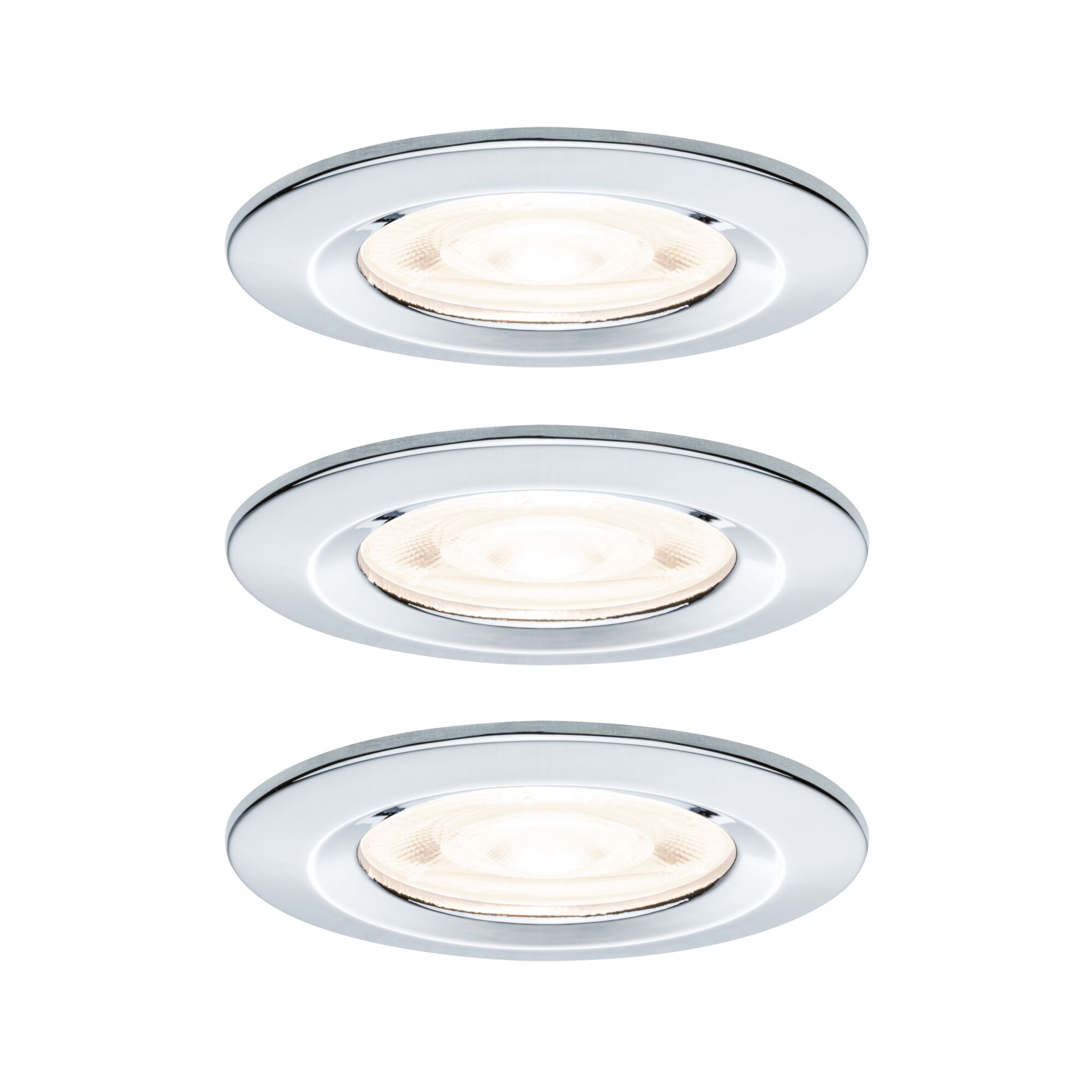 Drei runde Einbaustrahler aus Chrom mit warmweißem Licht für moderne Innenbeleuchtung