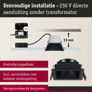 Zwarte vierkante metalen inbouwspot met 55 mm inbouwdiepte en directe 230 V aansluiting zonder transformator
